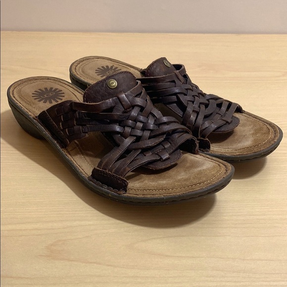 UGG Keala Brown Leather Slide on Sandals with Woven Design - Picture 1 of 10
